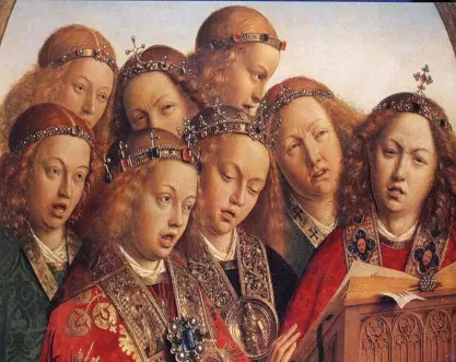 Jan van Eyck (1390-1441)
De zingende engelen, d�tail du polyptique de l'Eglise Saint-Bavon de Gand (Belgique)