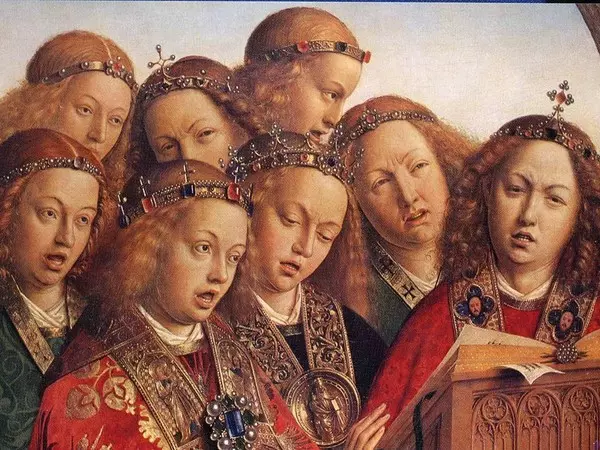 Jan van Eyck (1390-1441)
De zingende engelen, détail du polyptique de l'Eglise Saint-Bavon de Gand (Belgique)