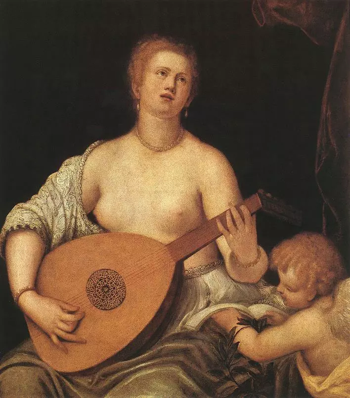 Parrasio MICHELI (1516 - 1578), Ecole vnitienne
Vnus jouant du luth pour Cupidon (v. 1550)Muse des Beaux-Arts, Budapest